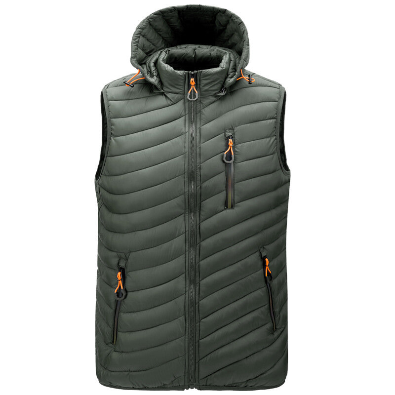 Мужская осенне-зимняя теплая стеганая куртка, уличный ветрозащитный жилет с капюшоном, однотонная зимняя легкая куртка без рукавов