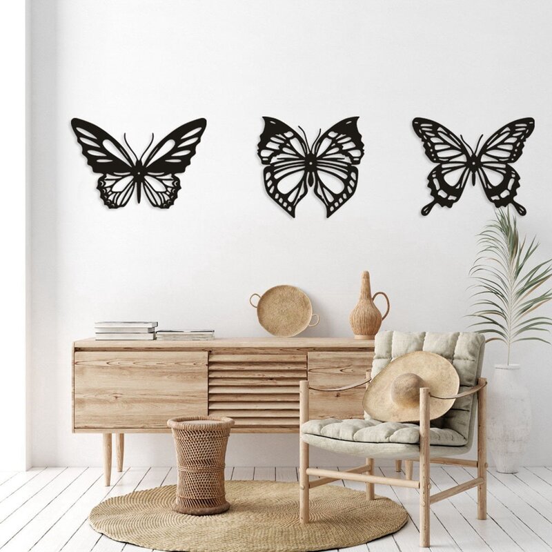 나비 금속 벽 장식, 검은 나비 금속 벽걸이 장식, 농가 소박한 홈 오피스 침실 장식, 3 개