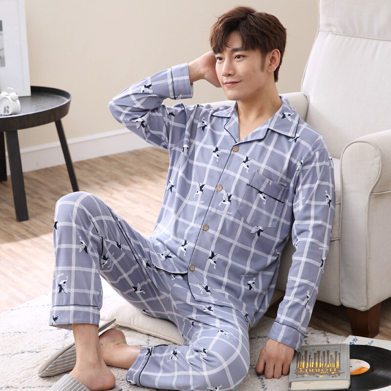 Spring Autumn Men's Pajamas Knitted Cotton Long Sleeve Cardigan Oversized Casual Printed Home Clothing Set Elegant Sleepwear