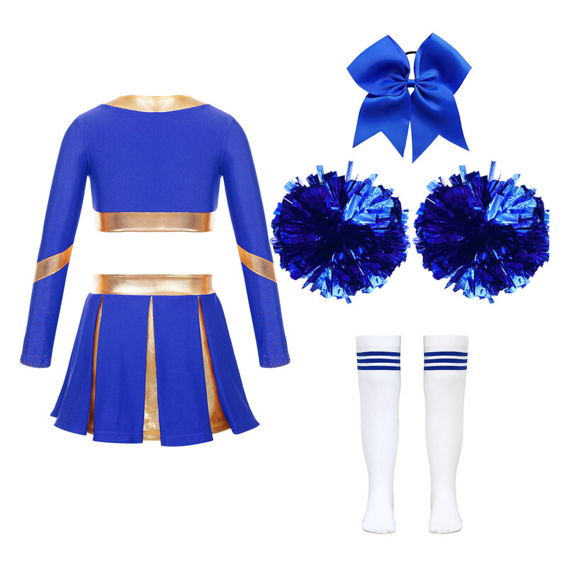 Kids Girls Cheer Leader Costume Outfit Carnival Dance Party Cheerleading Uniform with Pom Poms Stocks Schoolgirl Cheer Dancewear