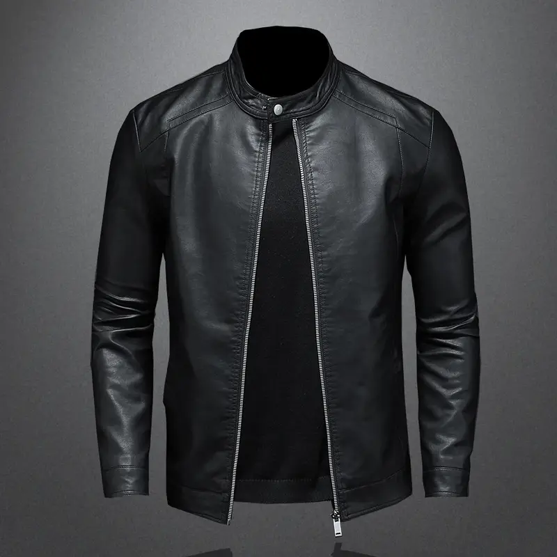 Jaqueta masculina com gola de couro PU, casaco justo para motociclistas, moda casual, motoqueiro, primavera, outono
