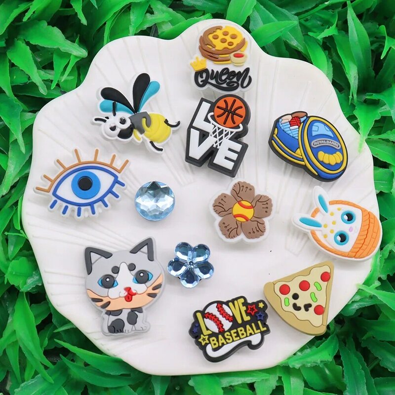 1pcs PVC Mosquito Baseball Glasses Basketball Cat Pizza Shoe Charms Decoration Buckle Clogs Pins Bands DIY Backpack Kids Gift