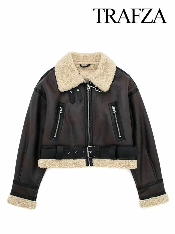 TRAFZA 2023 Women Fashion Thick Warm Lambs Wool Jacket Coat Vintage Long Sleeve Zipper Jackets Female Outerwear Chic Tops