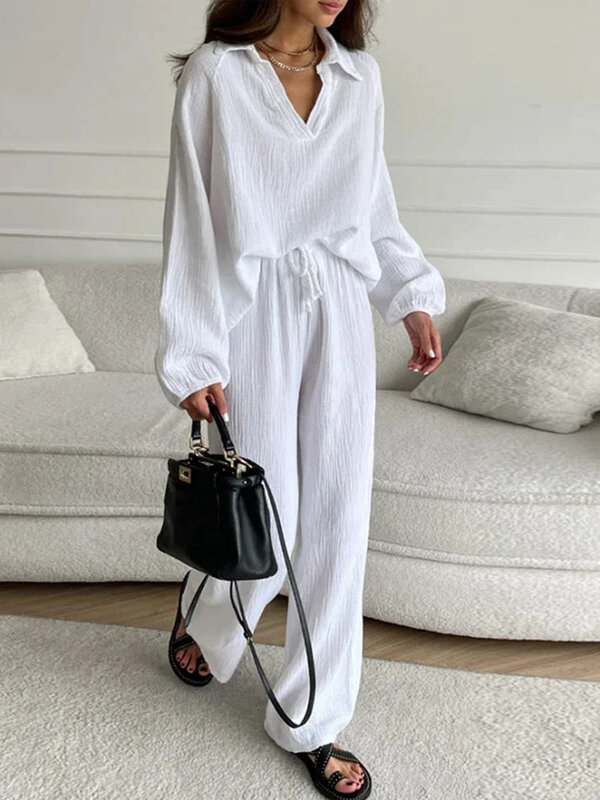 2024 Loose Casual Top Two Piece Set Women White Long Sleeve Tops Lace Up Pants Sets Female 2024 Sping Turndown Collar Lady Suit