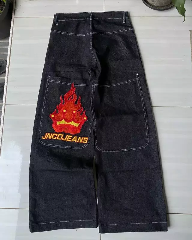 Y2K JNCO wysokiej jakości haftowane Hip Hop workowate dżinsy plemienne dżinsy gotyckie Streetwear Harajuku czarne spodnie w talii szerokie z szeroką nogawką