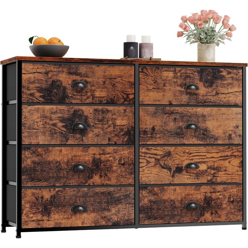 Wide Dresser with 8 Fabric Drawers, TV Entertainment Center with Storage for 55'' TV, Large Chest of Drawers