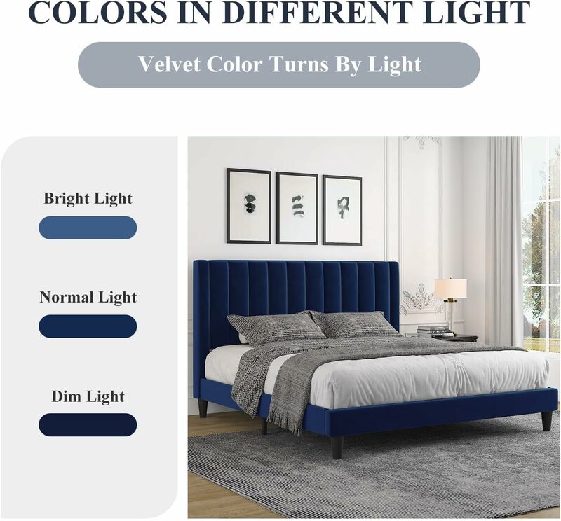Marco de cama de plataforma Queen, marco de cama tapizado de terciopelo con orificio vertical, caja de cabecera de pila, resorte opcional, azul marino