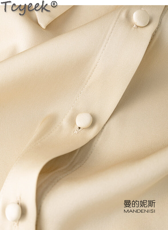 Tcyeek camicia di seta di gelso 93% di alta qualità 2024 primavera estate manica lunga Top femminile stile OL camicie moda per le donne fiocco