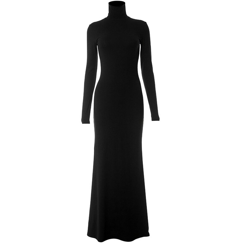 女性の長袖マキシドレス、女の子のためのプリンセスドレス、単色、薄いボディコン、ヒップラップ、黒