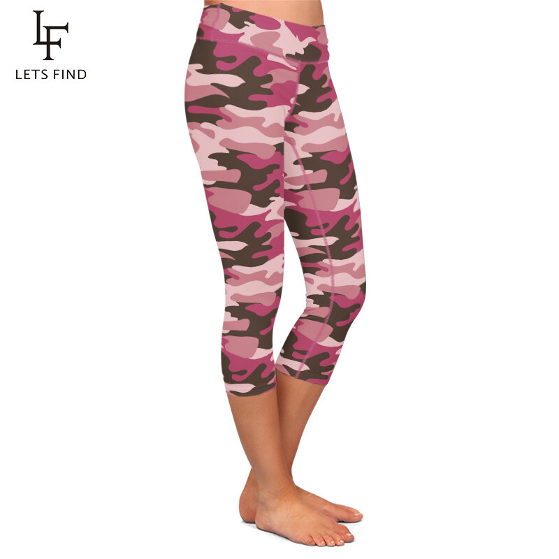 LETSFIND ใหม่สูงเอวกางเกงขายาว Capri ผู้หญิงสีชมพูพิมพ์ Mid-Calf 3/4ยืด Leggings ฟรีจัดส่ง