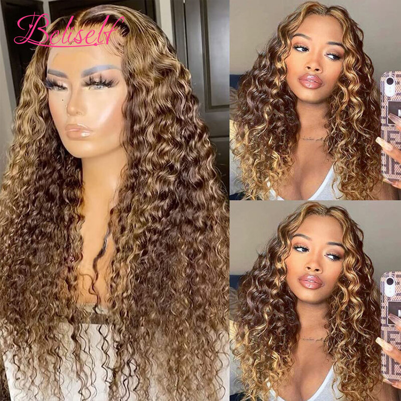 4/27 Highlight Deep Wave Lace Front Wig Brazilian Hair 5x5 HD Lace Closure Wig Colored Human Hair Wigs Pre Plucked Beliself