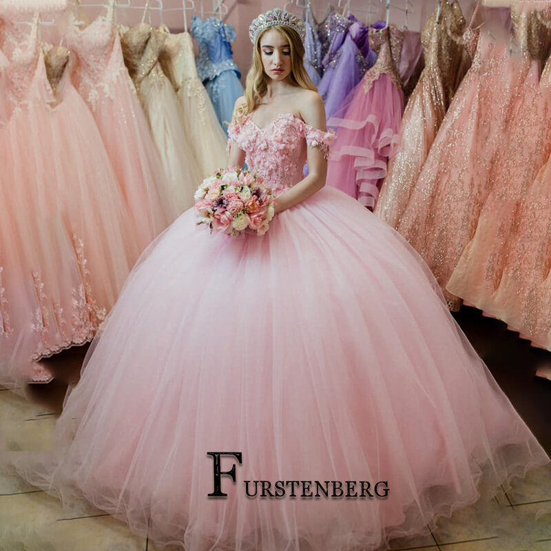 Fanshao Chic z odkrytymi ramionami suknie balowe urodzinowa dla dziewczynki 3d suknia balowa z aplikacjami tiulowa plisa Vestidos De Baile na zamówienie