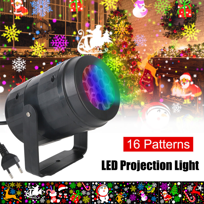 Luz de proyección LED láser con enchufe europeo para fiesta navideña, soporte giratorio de 16 patrones, iluminación RGB automática, CA 85V-260V