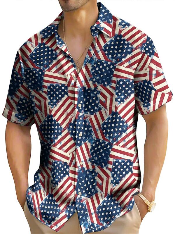 미국 국기 패턴 셔츠 남성용, 미국 셔츠, 독립 기념일 블라우스, 여름 캐주얼 반팔 상의, 오버사이즈 셔츠