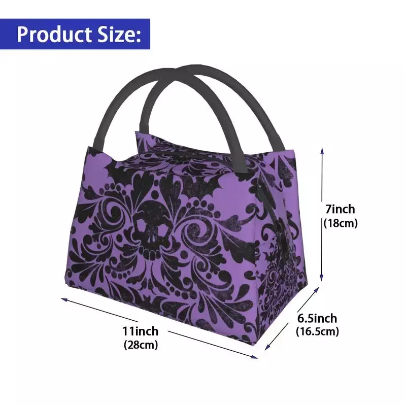 Skull Damask Pattern Insulated Lunch Bags for Women Waterproof Halloween Witch Goth Occult Cooler Thermal Lunch Tote Work Picnic
