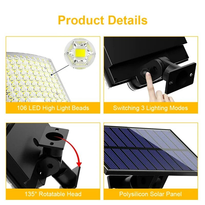 Lámpara Solar dividida de 106LED, 3 modos de iluminación, luz Solar de pared para exteriores, Sensor de movimiento PIR, lámpara de jardín impermeable