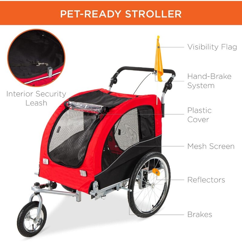 Велосипедный прицеп 2-в-1 для собак, устройство для перевозки домашних животных со сцепкой, подвеской, флагом видимости и отражателями, грузоподъемность 66 фунтов