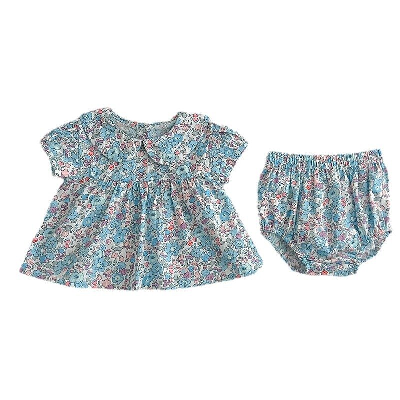 Ins setelan pakaian bayi perempuan, kaus kerah Peter Pan cetak bunga katun 2 potong 2024 musim panas
