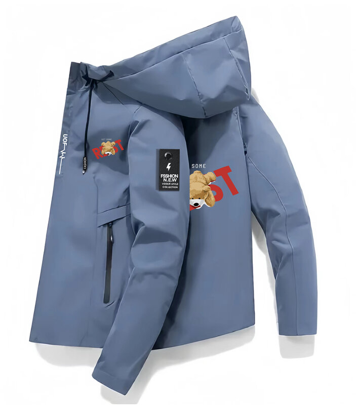 Chaqueta con capucha para hombre, abrigo informal impermeable, holgado, a la moda, bonito oso de peluche, para correr, 2024