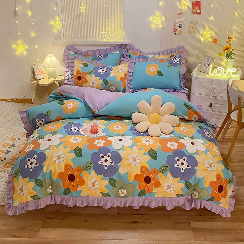 Pure Cotton Brushed Bed Sheet, Korean Princess Style, Bed Skirt, Four-Piece Bedding, Quilt Cover