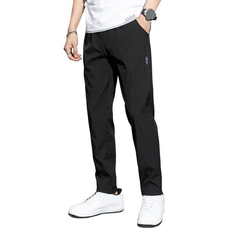 Men Pants Straigtht Thin Mid Waist Stretchy Casual Pants Quick Dry Loose Solid Color Men Long Trousers