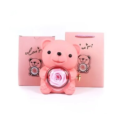 กุหลาบกล่องหมีของขวัญกอดสีชมพูนิรันดร์หมุนดอกไม้ของขวัญวันเกิดสำหรับผู้หญิง