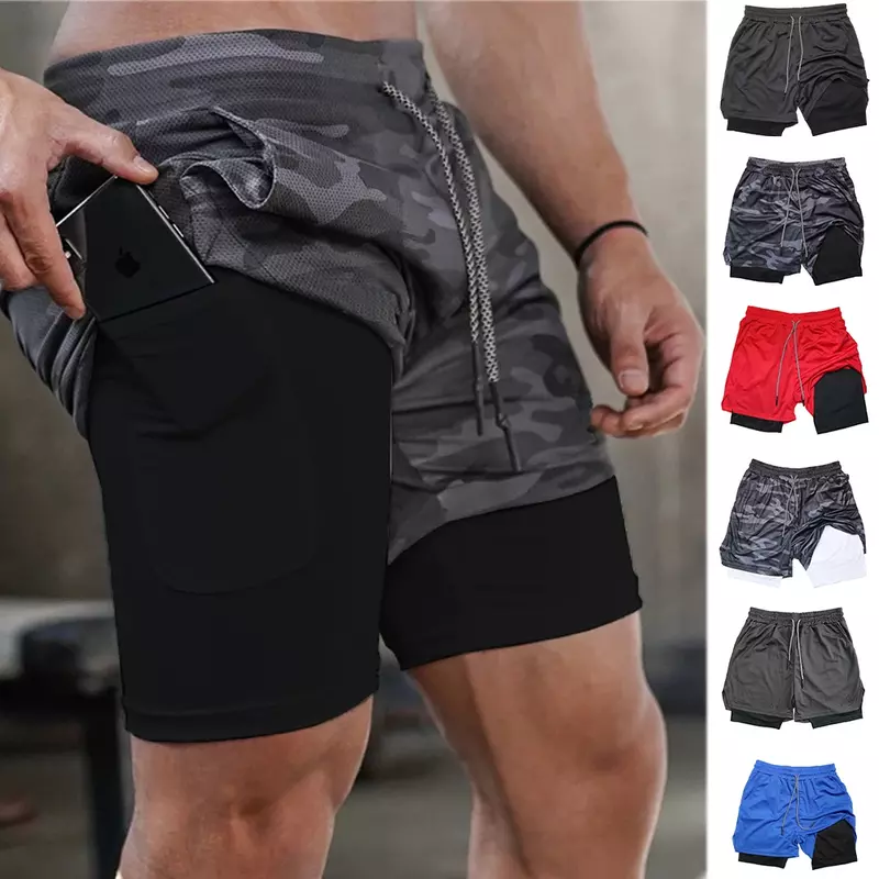 Mens Gym Sports Shorts Jogging Running Breathable Fitness Exercise Double Layer Shirt Hidden-Pocket Casual Camouflage Shorts
