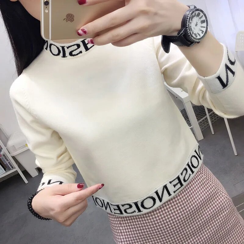 Short Embroidery Knitted Sweater Spring Autumn Winter Women's Knitwear Pullover Tops Casual Half High Collar Bottoming Shirt