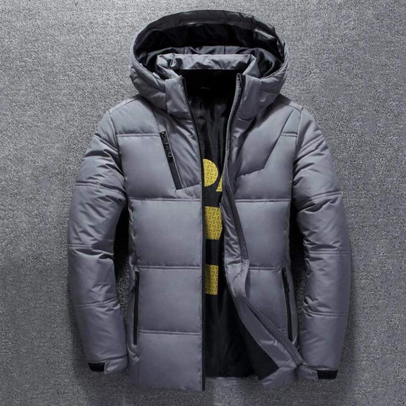 Отличное зимнее пуховое пальто с карманами и капюшоном, гладкая защита шеи, пуховик, зимняя куртка, Водонепроницаемая молния
