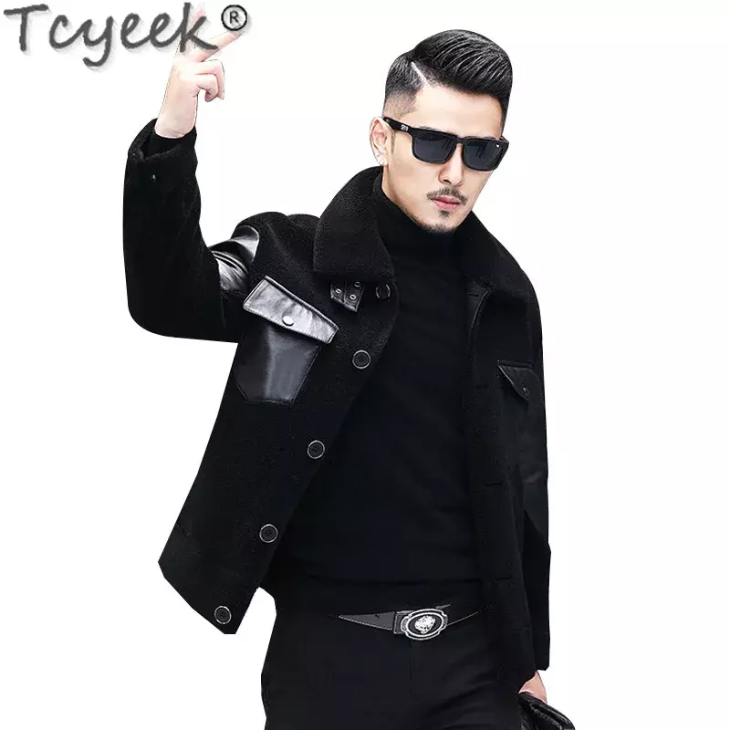 Tcyeek-معطف جلد الغنم الطبيعي للرجال ، سترة دافئة ، فرو حقيقي ، 100% صوف ، ملابس عصرية ، شتاء