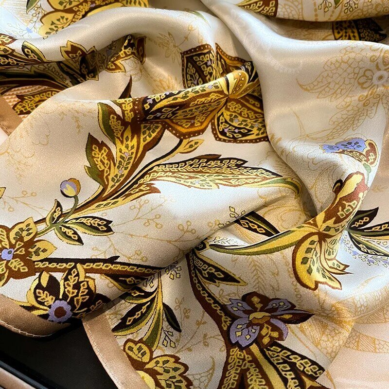 Bufanda de satén de seda auténtica 100% Natural para mujer, Foulard con estampado de flores, pañuelo para mujer, chal, regalo para Hijab, novedad
