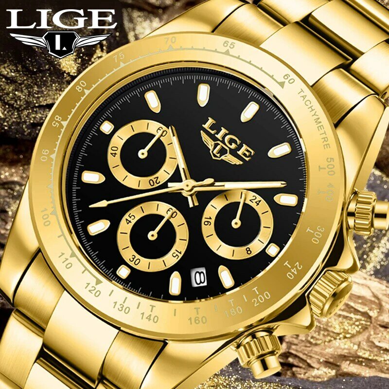 LIGE jam tangan kuarsa olahraga pria, arloji merek Top mewah, jam tangan kronograf tahan air baja sepenuhnya untuk pria