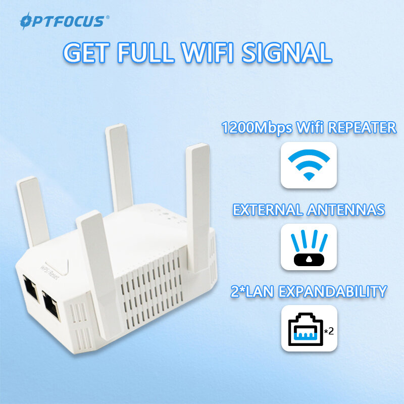 OPTFOCUS Repeater WiFi 2.4G 5G, Repeater 2 LAN 300 1200Mbps untuk Router Repetidor 4 antena penguat jangkauan nirkabel
