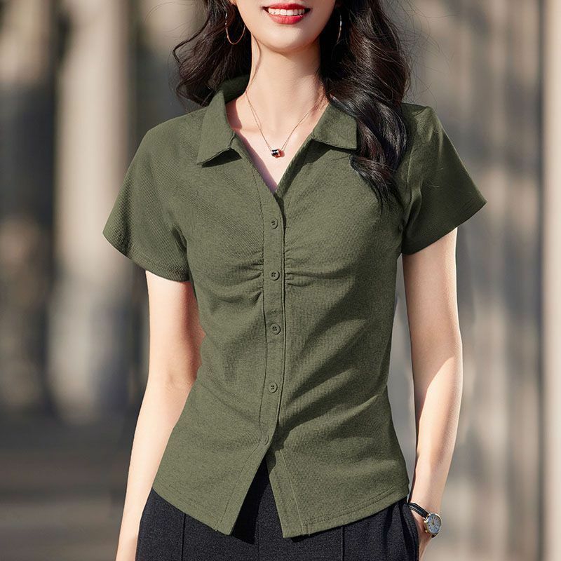 2024 Summer New Women's Solid Color Korean Commute Polo Neck Ruched Single-breasted Cotton Slim Casual Short Sleeve T-shirt Tops