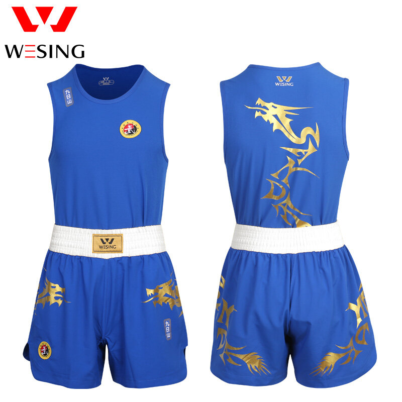 Wesing Wushu Dragão Imprimir Sanda Suit, Uniforme Branco Belt, Competição Profissional, A-Type