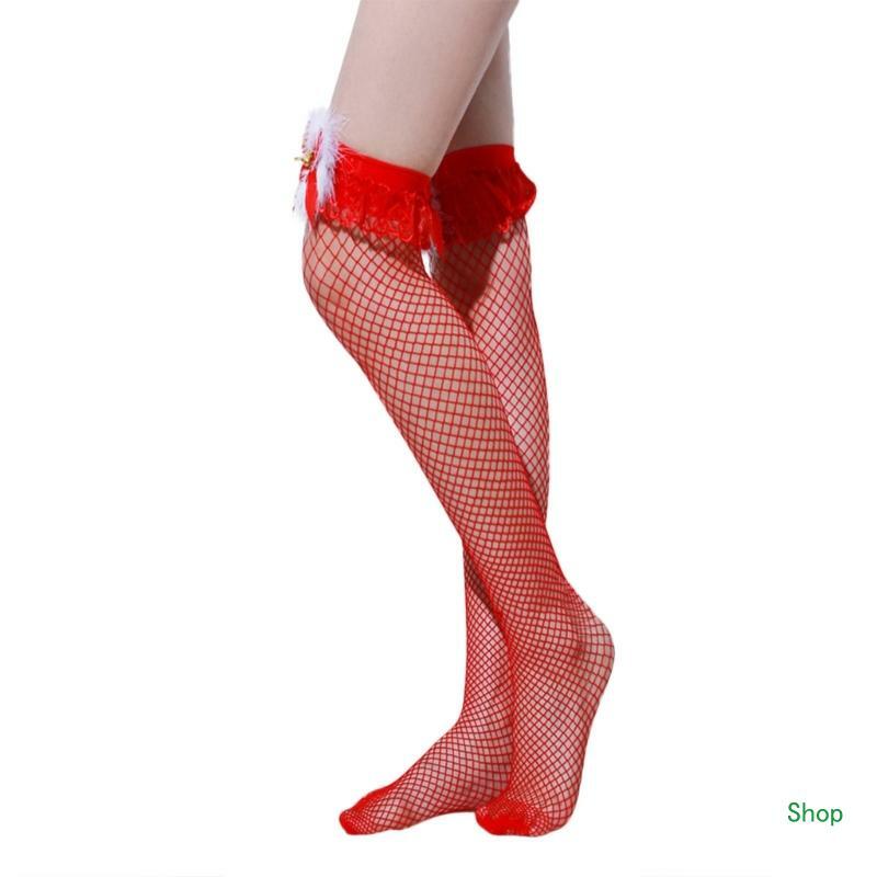 L5YC Christmas Sexy Mesh Stocking and Fingerless Gloves Cowboy Hat Set for Dress Up