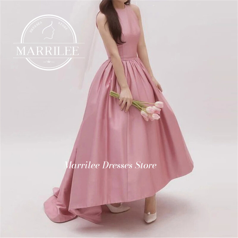 Marrilee Princess Pink High Low Stain Evening Dresses Elegant A-Line O-Neck Floor Length Sleeveless Pleat Simple Prom Party Gown