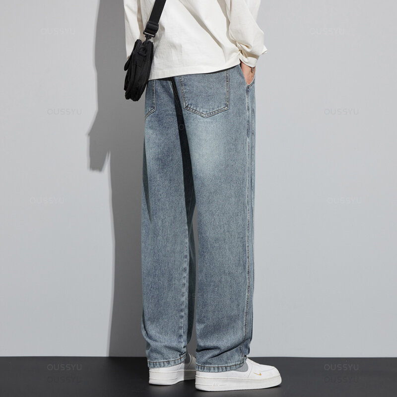 OUSSYU celana panjang Jeans katun pria, celana kerja longgar pinggang elastis kaki lebar Korea 4XL pakaian merek baru
