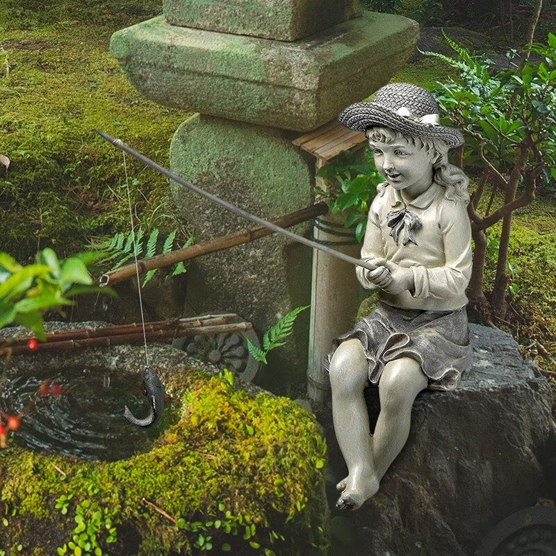 Cartoon Fisher Girl Figurine Resin Fisherman Sitting Posture Statue Pool Decor Girl Figurine Decor Sculpture Home Yard