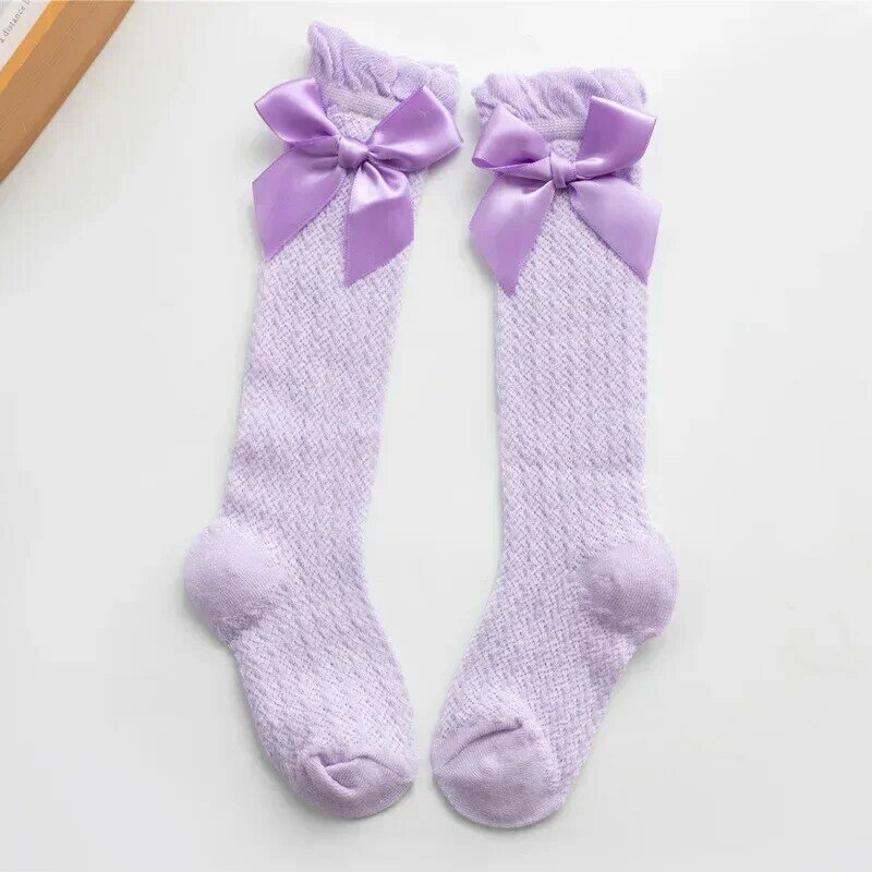 Calcetines de rejilla hasta la rodilla con lazo de estilo real para niños y niñas, calcetines de tubo con lazo para bebés y niños pequeños, calcetines ahuecados para niños de 0 a 3 años