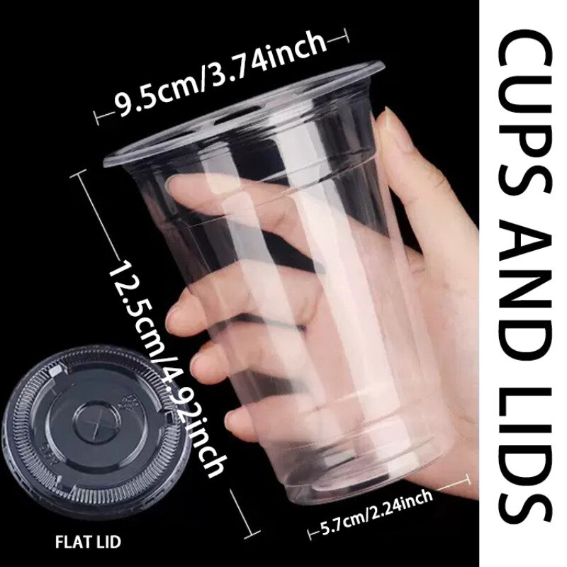 투명 플라스틱 컵 플랫 뚜껑 일회용 마시는 컵, 파티 웨딩, 대량 아이스 커피, 밀크셰이크, 50 개, 16OZ