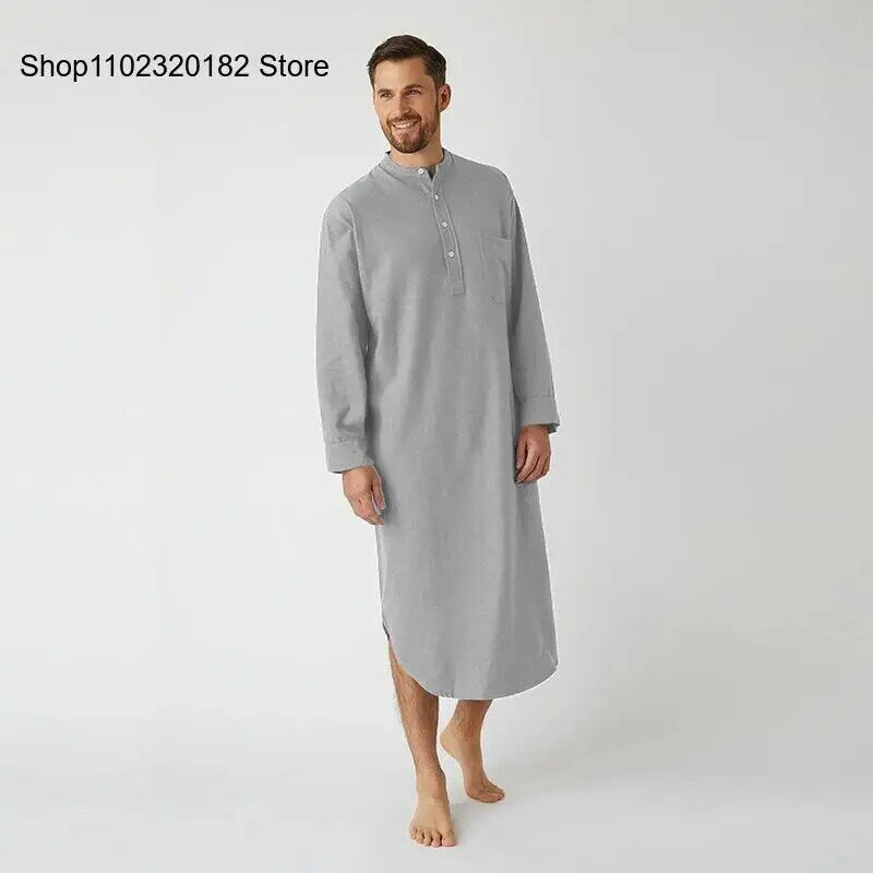 Muslim Arab Solid Color Long Sleeved Button Up Shirt Long Nightgown for Men