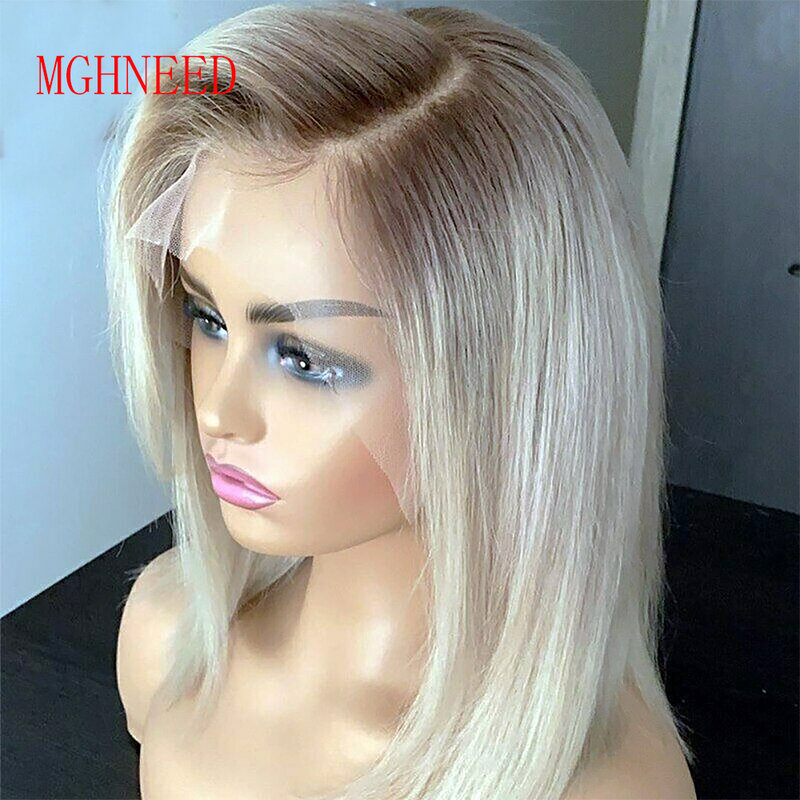 Ombre Ash blond Hsh blond koronkowa peruka z przodu koronka peruka dla kobiet z prostą brazylijską przezroczystą koronką HD