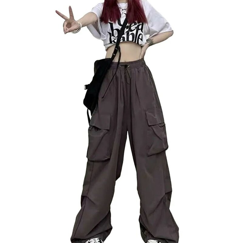 Stylish Pants Women Baggy Wide Leg Pants Casual Drawstring High Waist Non Strech Pockets Cargo Pants Polyester