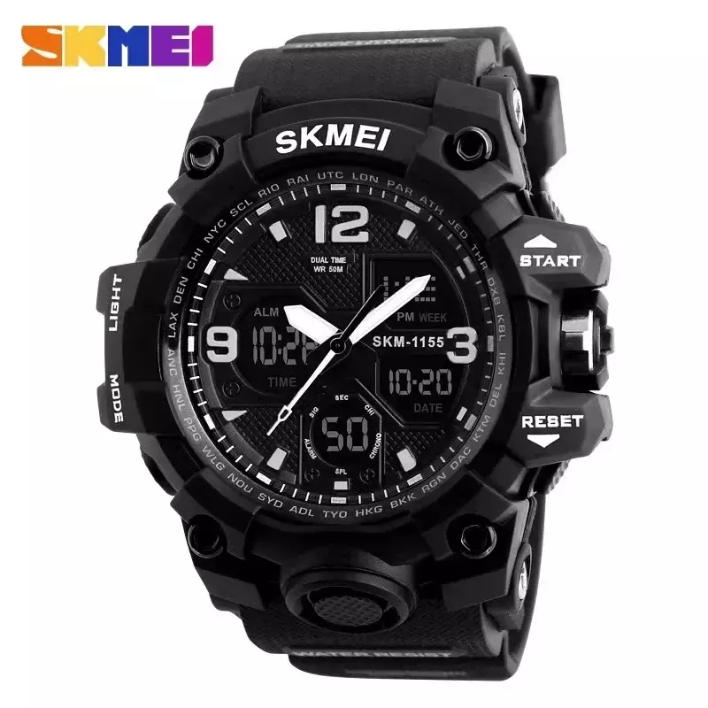 SKMEI 1155B jam tangan olahraga pria, arloji militer Digital tampilan ganda tahan air 5bar