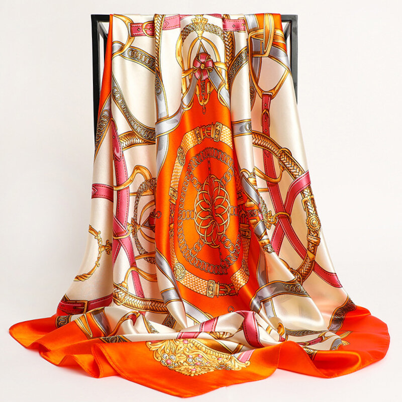 Lenços de seda para as Mulheres, Foulard impressão, Satin Praça Cabeça Hijab, Xale Marca de Luxo das Senhoras, Silenciador Feminino Bandana, Chiffon Wrap, 90*90cm