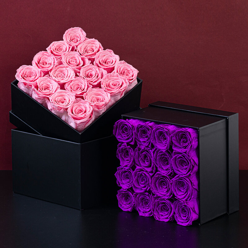 Eternal Rose a-level hitam kotak hadiah persegi dengan 16 buah, Hari Valentine, Natal, hadiah Hari Ibu, hadiah pesta liburan