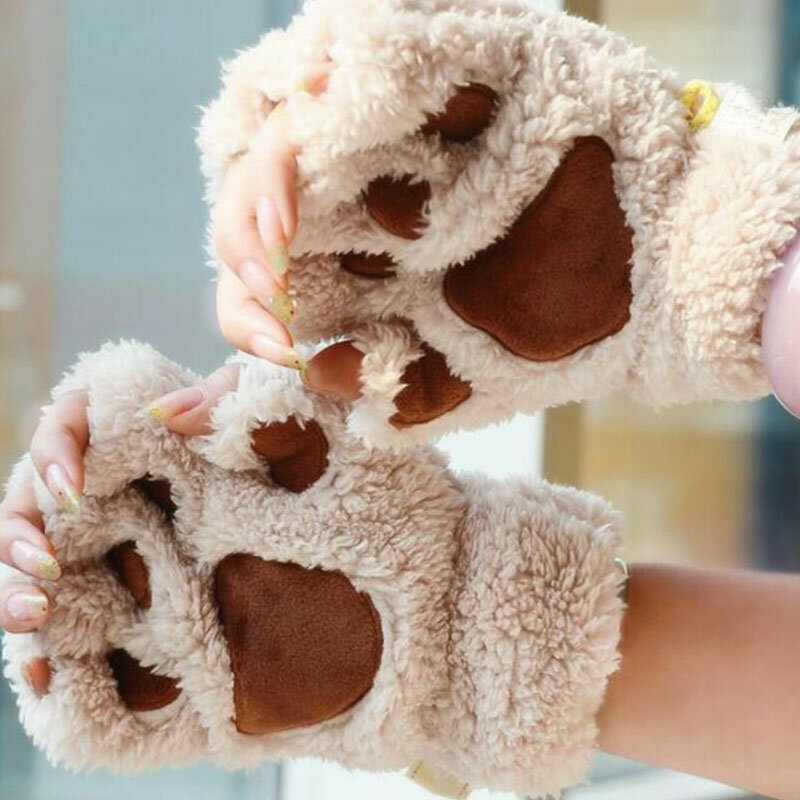 Мультяшные женские перчатки, плюшевые теплые перчатки на полпальца, мягкие плюшевые короткие пушистые перчатки без пальцев в виде медведя, кота, костюм