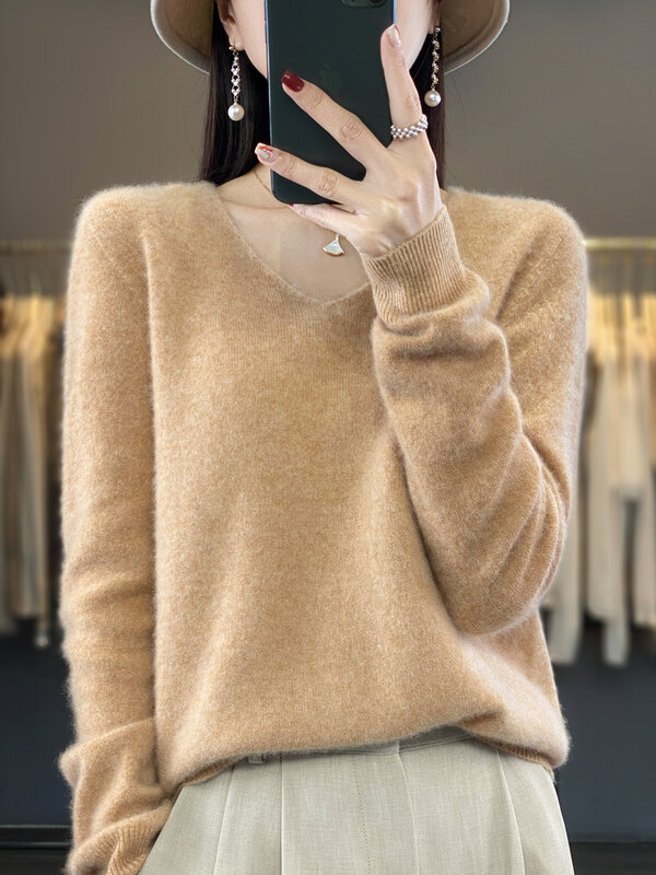 2024 nuove donne Basic scollo a v Pullover maglione 100% lana Merino manica lunga Cashmere maglieria autunno inverno abbigliamento femminile top