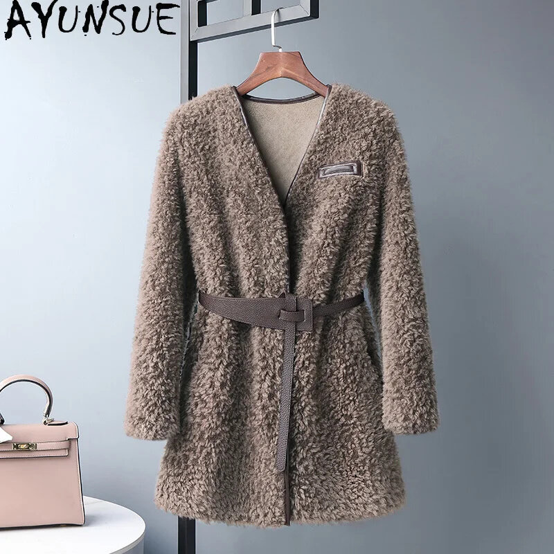 Женская шерстяная куртка 100% AYUNSUE, Осень-зима 2024, куртки средней длины с овчиной, повседневное меховое пальто, женские пальто на шнуровке